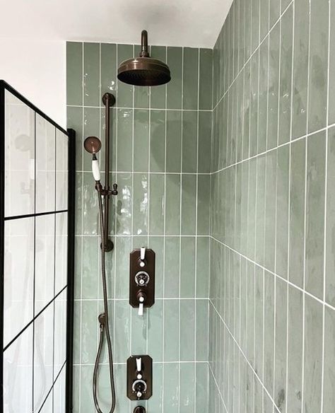 Sage Tile Shower Ideas, Bathroom Sage Tiles, Sage Green Tiled Bathrooms, Olive Green Shower Tile, Sage Green Bathroom Black Fixtures, Sage Tiles Bathroom, Black Shower Pan Ideas, Bathroom Oil Rubbed Bronze Fixtures, Sage Shower Tile