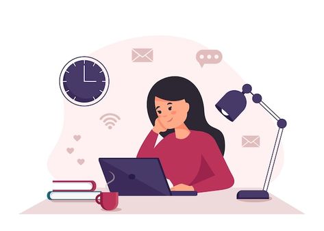 Mujer con laptop trabajando en laptop, e... | Premium Vector #Freepik #vector #freelance #personaje-mujer #mujer-animada #estudiante-animado Premium Vector, Laptop, Quick Saves