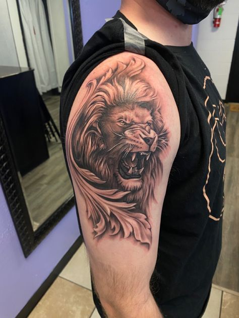 Lion Tattoo On Shoulder, Lion Standing Tattoo, Lion Roaring Tattoo, Lion Rampant Tattoo, Lion Background Tattoo, Lions Den Tattoo, England Lion Tattoo, Roaring Lion Tattoo, Afro Tattoo