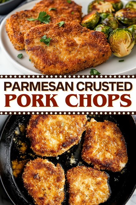 These Parmesan-crusted pork chops are about to be a regular in your dinner rotation! Juicy on the inside and crispy on the outside, they can't be topped. Supper Ideas Pork Chops, Pick Chop Recipes, Pork Chops In Dutch Oven Dinners, Pork Chops With Pork Rind Crust, Top Loin Pork Chops, Port Chops Recipes Easy Dinners, Parmasean Crusted Pork Chop Baked, Creative Pork Chop Recipes, Different Pork Chop Recipes