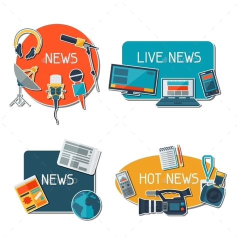 Stickers with Journalism Icons Journalism Stickers, Creative Wall Painting, Business Vector Illustration, Buy Stickers, Mass Media, Mass Communication, Creative Wall, Illustrator Tutorials, Flat Style