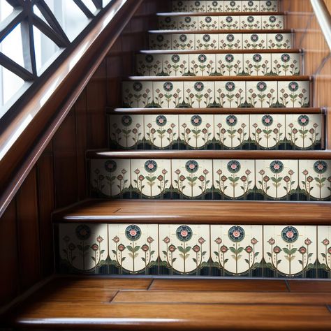 Tiled Stairs, Art Deco Tile, Art Deco House, 1920s Home Interior, Art Deco Stairs, Art Deco Kitchen, Art Deco Tiles, Art Deco Home, Floral Wall Decor