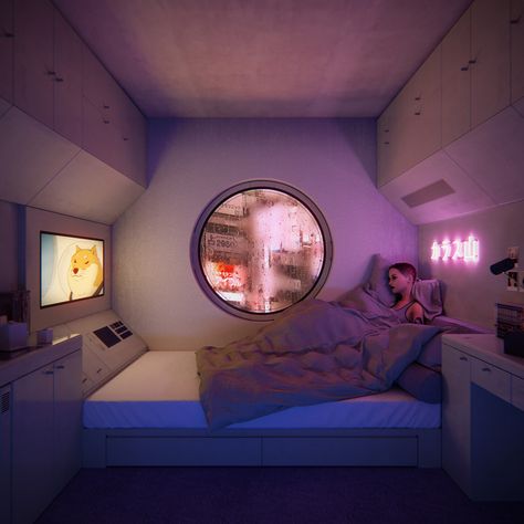 Futuristic Studio Apartment, Dorm Room Concept Art, Coruscant Apartment, Futuristic Closet, Spaceship Bedroom, Sci Fi Apartment, Sci Fi Interior Design, Sci Fi Bedroom, Sci Fi House