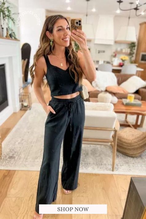 How to Style Linen Pants Casual. Black Linen Pants Outfit. Black Linen Pants Outfit Summer, Black Linen Pants Outfit, Wide Leg Linen Pants Outfit, How To Style Linen Pants, Linen Set Outfit, Style Linen Pants, Linen Pants Outfit Summer, Outfit Wide Leg, Granola Girl Outfits