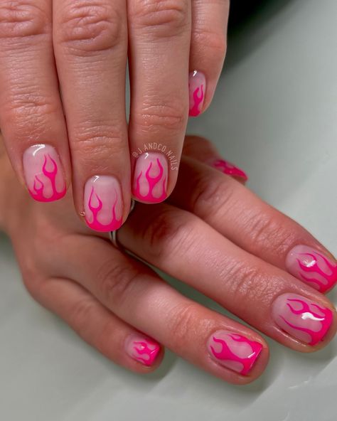 💖❤️‍🔥 . #flames #flamenails #pinkflames #nailaddict #nailsnailsnails #nailtech #nails #naildesign #nailart #renotahoe #nailsbyjohnnie Diy Flame Nails, Flames Nail Art, Flame Nail Art, Flame Nails, Short Gel Nails, Cute Gel Nails, Fire Art, Cosmetology, Nail Tech