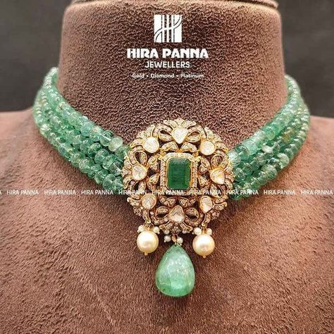 Diamond Polki Pendant Sets, Emralds Beeds Necklace, Emerald Beads Jewelry Indian, Beads Choker Necklace Indian, Victorian Jewellery Designs, Diamond Choker Indian, Emeralds Jewellery, Emerald Jewelry Necklace, Diamond Polki Necklace