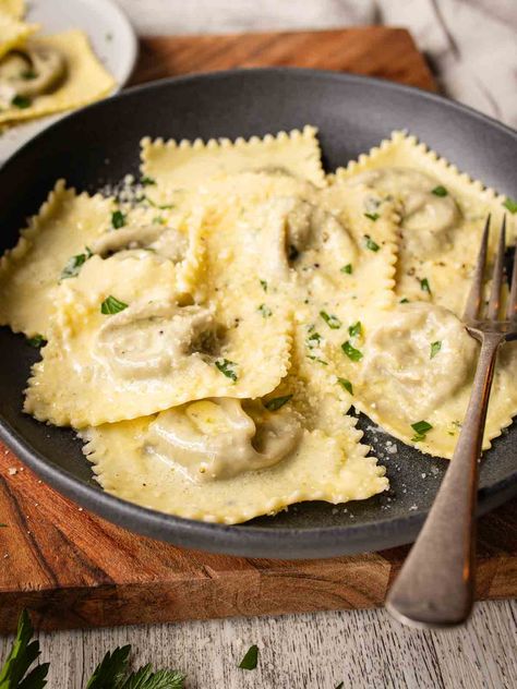 Mushroom Filling For Ravioli, Twilight Mushroom Ravioli, Homemade Sausage Ravioli, White Ravioli, Homemade Mushroom Ravioli, Homemade Ravioli Filling, Sausage Ravioli, Mushroom Filling, Ravioli Sauce