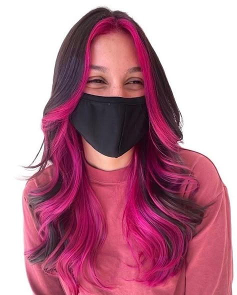 Pink Hair Streaks, Gemini Hair, Pink And Black Hair, Pink Hair Dye, Black Hair Balayage, Strawberry Blonde Hair Color, Dip Dye Hair, Hair Color Underneath, Peekaboo Hair