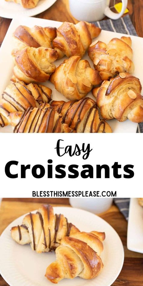 A full guide on how to make easy croissants at home! It's easier than you might think and the results are tender and so delicious. #croissants #recipe #bread #breakfast Crissonts Recipe, Easy Croissants, Easy Croissant Recipe, Croissants Recipe, Puff Dessert, Recipe Bread, Homemade Croissants, Crescent Recipes, Bread Breakfast