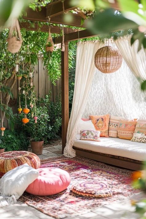 "Create a vibrant and relaxing retreat with a Bohemian Outdoor Patio! 🌿🪑 Perfect for adding eclectic style, cozy seating, and lush greenery to your outdoor space. 🌟✨ #BohoPatio #OutdoorDecor #BohemianStyle" Backyard Ideas Boho, Bohemian Courtyard Ideas, Eclectic Patio Ideas, Patio Yoga Space, Outdoor Chill Area, Backyard Yoga Space, Meditation Patio, Yoga Space Ideas, Bohemian Outdoor Spaces