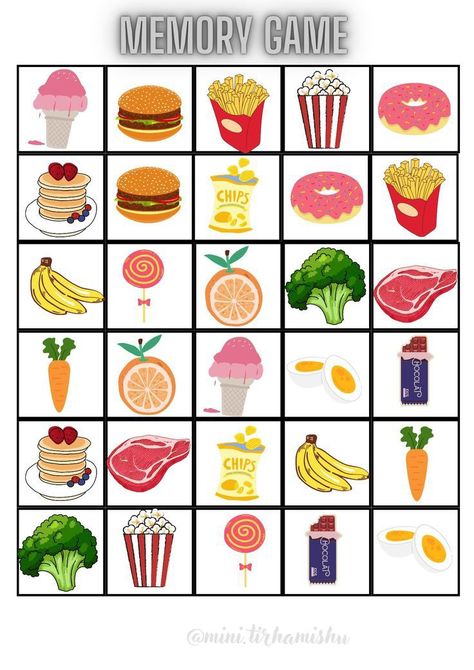 Printable Memory Game, Food For Memory, Preschool Charts, Memory Games For Kids, Fall Preschool, English Fun, Kids Class, Flash Card, Memory Game