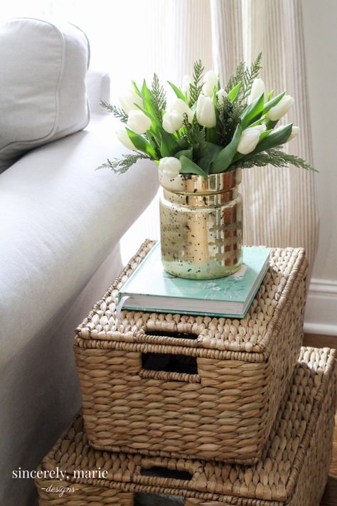 My Favorite Baskets – Alternative End Table Side Table Alternatives, Coastal End Tables Living Room, Coffee Table Alternative Ideas, Basket Side Table, Side Table Ideas, Coffee Table Alternatives, Unique Side Table, Wicker Coffee Table, House Dressing