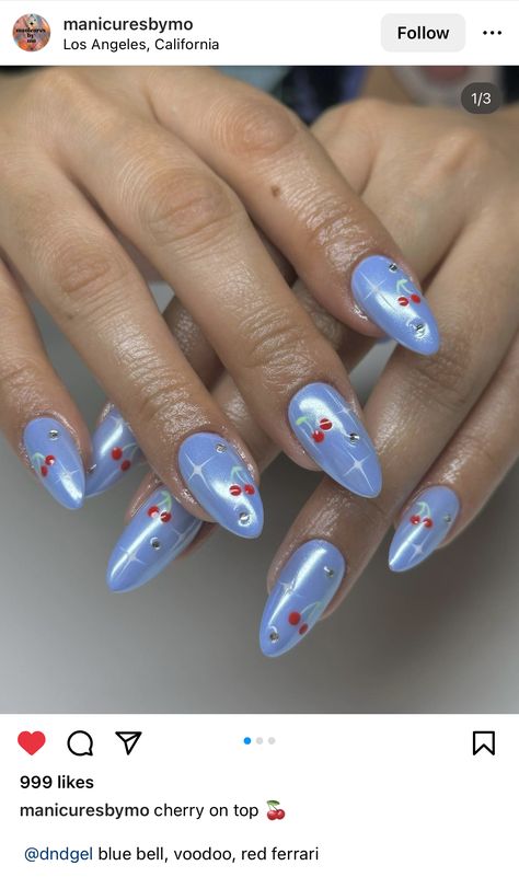 Blue Chrome Nails, Red Ferrari, Retro Nails, Hello Nails, Cherry Nails, Nail Art Salon, Grunge Nails, Blue Bell, Kawaii Nails