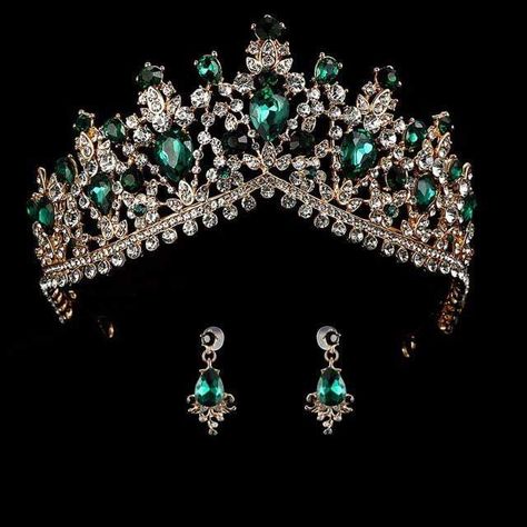 wedding crown queen bridal Tiaras bride crown with earrings headban... Emerald Quinceanera Theme Tiara, Gold And Emerald Crown, Quince Crown Emerald Green, Emerald Quince Crown, Emerald Green Quinceanera Theme Tiara, Green Crown Quince, Emerald Green Quince Crown, Emerald Quinceanera Theme, Emerald Green Crown