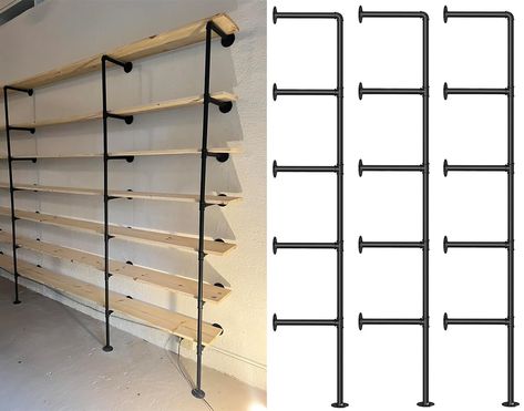 PRICES MAY VARY. 【Matrial】Industrial pipe shelving features a sturdy metal pipe brackets ,Painted black matt, Hardware Only,No plank Included. 【Dimensions】68" high, 5 Tier, about 11.8" between each tier (excluding tees, elbows); depth 11.5"(without screw position); 3/4" pipe diameter; 18 Flanges, 3 elbows, 12 tees,Recommended the width of board is less than or equal to 11". 【Multiple Place Use】This wall shelf has a unique water pipe design, is chic and artistic, especially suitable for industria Full Wall Shelving Bedroom, Custom Wall Shelving, Whole Wall Shelving, Pipe Bar Shelves, Pipe Shelves Diy, Black Pipe Shelves, Rustic Farmhouse Pantry, Tiny Basement Ideas, Vertical Storage Ideas