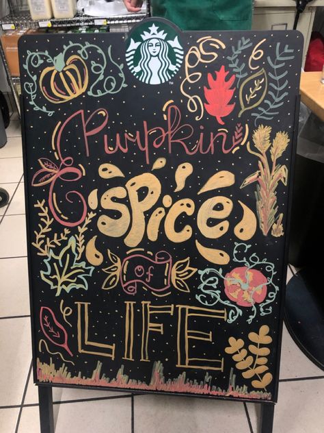 starbuck chalkboard “pumpkin spice of life” autumn themed with pumpkins, wheat, leaves, and swirls Starbucks Fall Board, Fall Cafe Chalkboard, Fall Chalkboard Art Starbucks, Fall Restaurant Chalkboard, Fall Menu Board, Pumpkin Chalk Art, Pumpkin Spice Chalkboard Art, Coffee Chalkboard Ideas, Starbucks Community Board