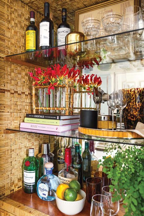 Bar Tray Styling, Rattan Wallpaper, China Cabinet Bar, Chinoiserie Panels, Creative Confidence, Upper East Side Apartment, Hey Bartender, Antique Bamboo, The Shade Store