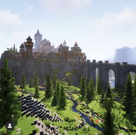 Castle On Hill Minecraft, Minecraft Castle On A Hill, Minecraft Hill Castle, Minecraft Castle On Mountain, Minecraft Mountain Village Ideas, Minecraft Cliffside Castle, Minecraft Castle Bridge, Minecraft Watchtower Ideas, Minecraft Underground Base Entrance