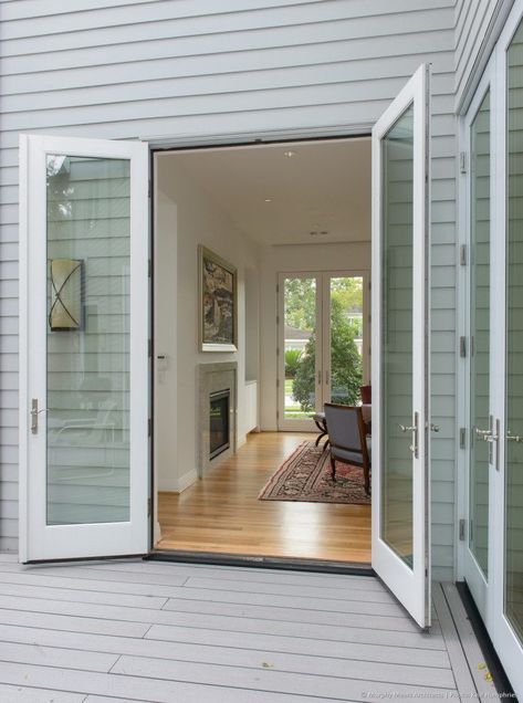 french doors on deck open to living room with doors aligned at front of house beyond French Doors To Deck, Contemporary Garage Doors, French Doors Bedroom, House Upgrades, Garage Door Types, Garage Door Styles, French Doors Exterior, French Exterior, Doors Exterior