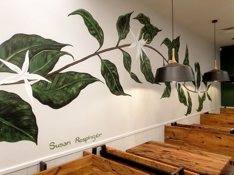 Coffee Mural Wall, Coffee Plant Mural, Cafe Paintings Art, Cafe Painting Ideas, Cafe Wall Painting, Coffee Goddess, Coffee Mural, Bar Renovation, Mural Cafe