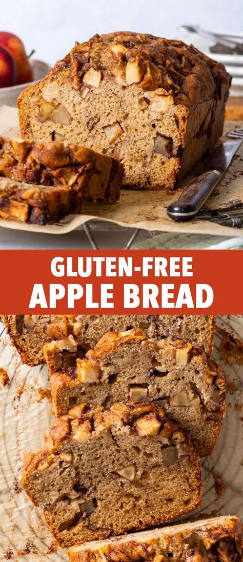 Gluten Free Apple Bread - This gluten free apple bread is the perfect cosy, no-fuss fall dessert. It’s wonderfully moist and tender, deliciously cinnamon-y and packed full of juicy apples. It’s super easy to make: you can whip it up in about 20-30 minutes and then let it do its thing in the oven. Gluten free cake recipes. Fall dessert ideas. Apple recipes. Apple desserts. Gluten Free Apple Blondies, Gluten Free Apple Cake Recipe Easy, Gluten Free Cinnamon Apple Cake, Cinnamon Bread Gluten Free, Granny Smith Apple Recipes Gluten Free, Gluten Free Apple Bread Recipe Easy, Flourless Apple Cake, Gluten Free Bread Dutch Oven, Gluten Free Apple Cinnamon Bread