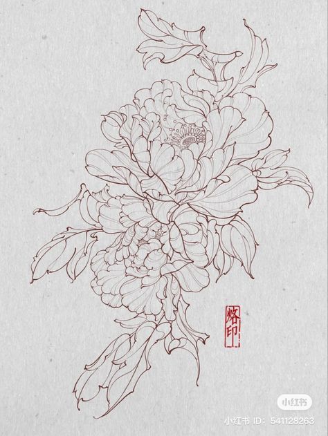 Chinese Floral Tattoo, Japanese Magnolia Tattoo, Japanese Lily Tattoo, Peony Drawing Tattoo, Japanese Peony Drawing, Japanese Fine Line Tattoo, Japanese Flowers Drawing, Japanese Flower Drawing, Chinese Flower Tattoo