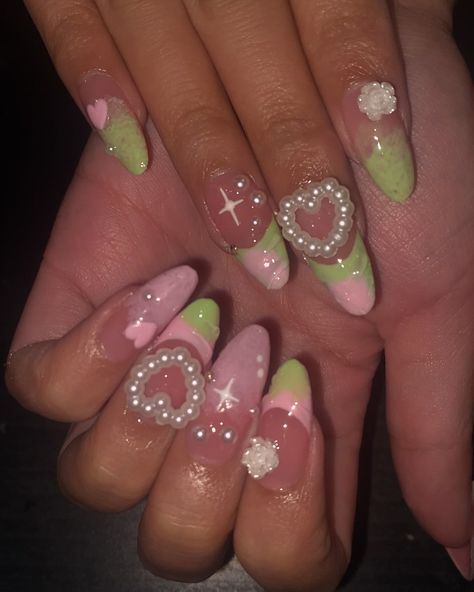 Pink and green nails🌸🌱 Dm @jazirahrose to book since Dm isn’t working • • • #greennails #pinknails #fairynails #floralnails #rosynails #yyc #stampede #flowernails #nailsartist Pink And Green Square Nails, Pink And Green Nails Simple, Pastel Pink And Green Nails, Pink And Green Nails Acrylic, Green Nails Simple, Green Nails Ideas, Rosy Nails, Nails Simple, Floral Nails