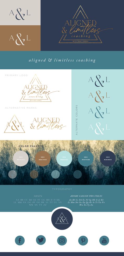 Business Colour Pallete, Logo Design Inspiration Branding Ideas Color Pallets, Coaching Logo Ideas, Branding Colour Palette Mood Boards, Logo Color Schemes Branding, Blue And Gold Logo Design, Brand Board Color Palettes, Color Palette For Logos Brand Board, Gold Brand Color Palette