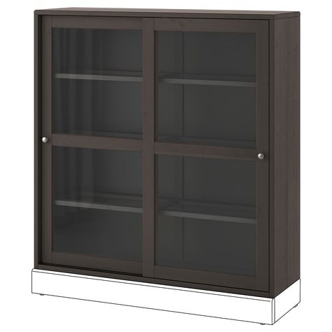 IKEA - HAVSTA, Glass-door cabinet, dark brown, You can mount this stackable unit on a 18½" deep cabinet with sliding doors to create a vertical combination, or convert it into a standalone by adding the toekick in compatible size. Two people are needed to assemble this furniture. Shelves With Sliding Doors, Havsta Ikea, Ikea Display, Ikea Havsta, Wine Glass Shelf, Glass Shelves Decor, Glass Shelves Kitchen, Storage Furniture Living Room, Cherry Color