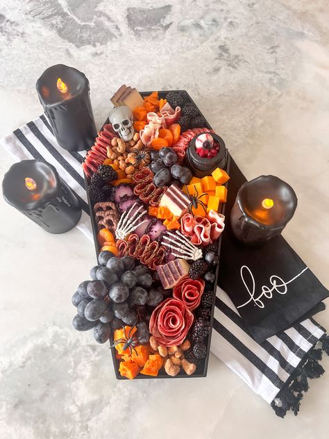 #halloween #spooky #sookycharcuterie #charcuterie #festivecharcuterie #cheeseboard #meatandcheese 40th Birthday Halloween Cake, 30th Birthday Ideas For Women Halloween, Halloween Coffin Charcuterie Board, 30th Birthday Appetizers, Birthday Ideas 30 Women, Goth 30th Birthday, 30th Birthday Food Ideas, Halloween 30th Birthday Party, Coffin Charcuterie Board