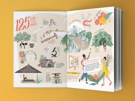 Illustrated timeline for Smith College Botanic Garden on Behance Timeline Illustration Design, Timeline Illustration, Zine Project, Children's Book Layout, Logo Color Schemes, River Flow, 잡지 레이아웃, Smith College, Historical Timeline