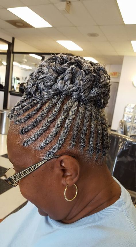 Elderly Black Women Hairstyles, Grey Hair Braids Black Women, Braids For Older Black Women Over 50, Afrocentric Hair, Grey Hair Braids, Cornrows Updo, Cornrow Braid Styles, Gray Hairstyles, Two Braid Hairstyles