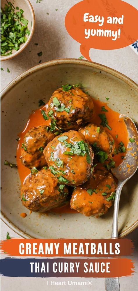 ​​Thai curry meatballs with homemade red curry paste and ground meat (turkey, chicken, beef, lamb, or pork), baked to juicy with creamy sauce. #thaicurrymeatballs #thaimeatballs #currymeatballs #bakedmeatballs Chicken Meatball Curry, Umami Recipes, Thai Curry Sauce, Red Curry Sauce, Curry Meatballs, Authentic Asian Recipes, Best Keto Meals, Delicious Paleo Recipes, Holiday Dishes