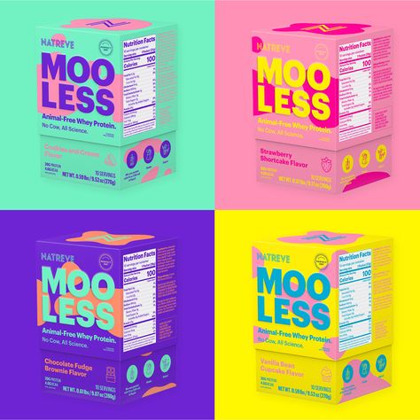 MOOLESS Animal-Free Whey Protein Powder – Packaging Of The World Supplement Package Design, Supplements Packaging Design, Protein Powder Packaging, Protein Packaging, Packaging Design Illustration, Protein Powder Brands, Supplement Packaging, French Words Quotes, Colorful Packaging