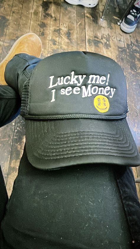 hat lucky me i see money hat black hat black Money Hat, Black Aura, Lucky Me, Black Hat, Trucker Hat, Aura, Baseball Hats, Money, Lifestyle