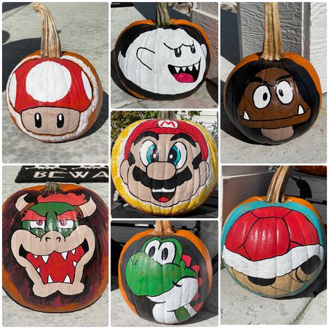 Super Mario Mushroom Pumpkin, Pumpkin Painting Ideas Super Mario, Luigi Pumpkin Painting, Movie Theme Pumpkin Painting, Super Mario Bros Pumpkin Painting, Super Mario Bros Pumpkin, Mario Brothers Pumpkin, Mario Pumpkin Painting Ideas, Toad Pumpkin Painting