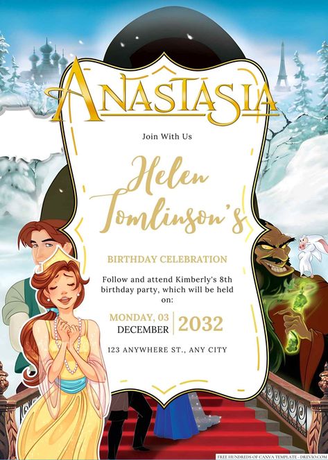 Download Now 22+ Anastasia Canva Birthday Invitation Templates Are you a fan of the classic animated movie, Anastasia? Then you'll love these stunning birthday invitations inspired by the beloved film. Featuring beautiful artwork and a playful design, these invit... Anastasia Birthday Party Ideas, Anastasia Birthday Party, Royal Invitation, Russian Princess, Princess Anastasia, Free Canva Templates, Disney Sticker, Enjoy Yourself, Party Fits