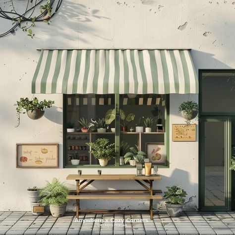 European Style Cafe Interior, Green Storefront Design, Storefront Planter Ideas, Small Bakery Cafe Interior Design, Parisian Cafe Interior, Green Bakery, Shop Awning, Green Cafe, Small Coffee Shop