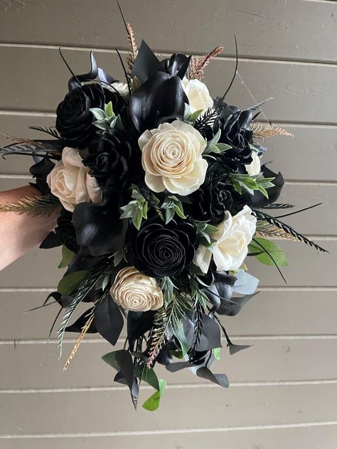 Wood Flower Bouquet in Black and White Roses, Faux Black Calla Lillies Bride, Creamy White Wedding Bouquet, Eco-friendly, Black Tie Wedding - Etsy Black And White Bride Bouquet, Wedding Flowers Black And White, Wedding Flowers Black, Bride Bouquets White, Flowers Black And White, Wood Flower Bouquet, Black And White Roses, Alt Wedding, Sustainable Wedding