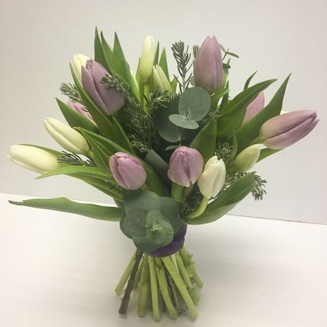 All Tulip Bridesmaid/Bridal bouquet in purples and whites with Eucalyptus Tulips And Eucalyptus Bouquet, Tulip Eucalyptus Bouquet, Eucalyptus Bouquet, Lavender Wedding, Bridal Bouquet, Tulips, Lavender, Purple, Flowers