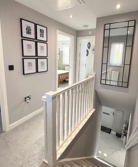 Small Upstairs Hallway, Stairs And Hallway Ideas, House Renovation Design, Hall Stairs And Landing, Landing Ideas, Entrance Hall Decor, Hallway Landing, Upstairs Landing, Hallway Colours