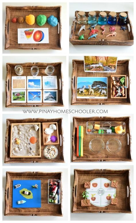 Earth Science activity trays (scheduled via Frog Activities, Earth Science Activities, Montessori Trays, Montessori Science, Montessori Geography, Diy Montessori, Montessori Lessons, Montessori Homeschool, Montessori Practical Life