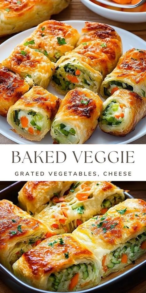 Cheesy Baked Vegetable Rolls Recipe Ingredients: For the Rolls: 1 zucchini, grated Salt to taste 1 carrot, grated 1 potato, grated #Veggie #Rolls Baked Veggies Recipes, Vegetable Rolls, Baked Oatmeal Recipes Healthy, Zucchini Roll, Vegetable Bake Recipes, Veggie Rolls, Baked Tilapia, Lunch Wraps, Easy Veggie