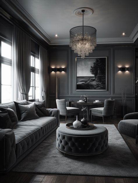 Penthouse Living Room Dark, Black Living Room Ceiling, Ceiling Aesthetic Dark, Mansion Living Room Dark, Old Money Living Room Dark, Big House Dark Aesthetic, Gothic Decor Bedroom, Girly Apartments, Girly Apartment Decor