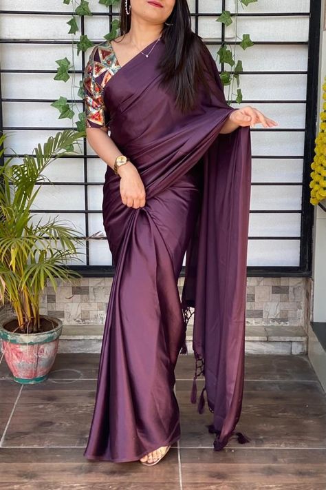 Satin Silk Saree For Farewell, Solid Color Saree, Satin Silk Saree Blouse Designs, Work Saree Blouse Designs Latest, Satin Saree For Farewell, Saree Ideas For Farewell In School, Satin Saree Blouse Designs, Satin Saree Party Wear, Satin Blouse Designs