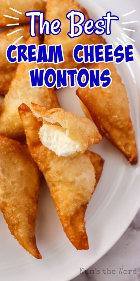 Homemade Cream Cheese Wontons, Cheese Rangoon Recipe, Wonton Wrapper Recipes, Cream Cheese Wontons, Cheese Wontons, Homemade Chinese Food, Wonton Recipes, Chinese Cooking Recipes, Egg Roll Recipes