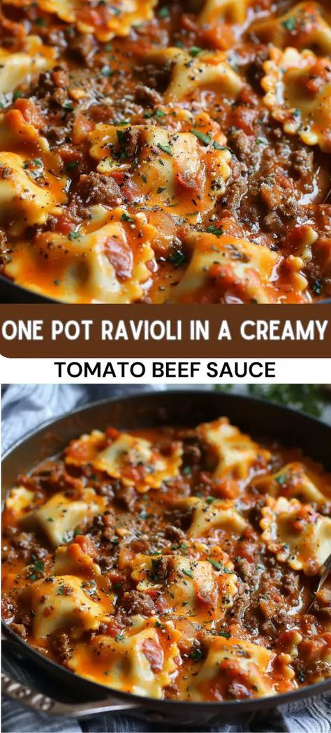 One Pot Ravioli in a Creamy Tomato Beef Sauce Beef Ravioli Recipe, Ravioli Dinner Ideas, Ravioli Sauce Recipe, Sausage Ravioli, Beef Ravioli, Tomato Beef, Ravioli Sauce, Beef Sauce, Cozy Weekend