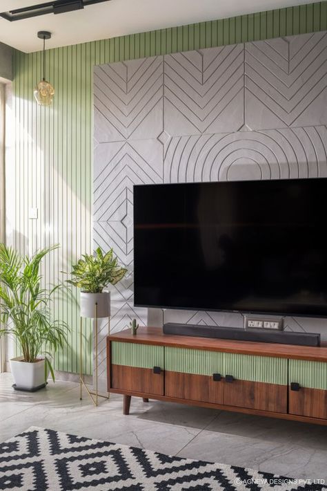 Stripes Of Serendipity In This Classic Home | Agneya Designs Pvt. Ltd. - The Architects Diary Modern Tv Unit Designs, Tv Unit Design Modern, Tv Unit Decor, Tv Stand Decor, Tv Cabinet Design, Tv Unit Interior Design, Living Tv, Living Room Tv Cabinet, Modern Tv Units