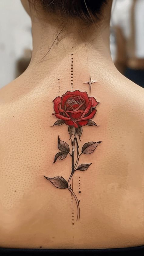 Explore stunning rose tattoo designs for women that capture the timeless beauty and elegance of this classic flower. From delicate line work to bold and vibrant colors, these tattoos offer a perfect blend of femininity and strength. Colour Rose Tattoo Design, Pretty Rose Tattoos For Women, Back Tattoo Women Color, Coloured Tattoos For Women, Coloured Flower Tattoo, Back Tattoo Rose, Cute Women Tattoo, Woman’s Tattoos, Rose Color Tattoo