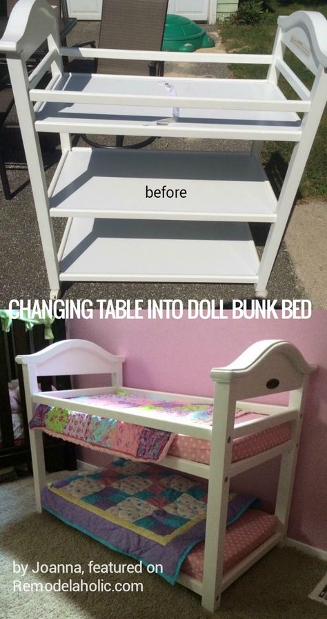 upcycle an old changing table into a doll bunk bed, cheap and easy… Repurposed Changing Table, Baby Doll Changing Table, Changing Table Repurpose, Changing Table Ideas, Doll Changing Table, Table Upcycle, Doll Bunk Beds, Change Table, Concrete Retaining Walls